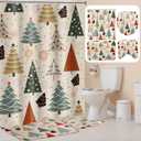 4 Pcs Christmas Shower Curtain Set Vintage Xmas Pine Tree Shower Decor Retro Celebrate Holiday Farmhouse Waterproof Toilet Mat Lid U Shaped Rug Bath Mat Bath Curtain Set with Hooks