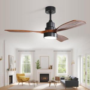Sofucor 48 Inch Smart Ceiling Fan with Lights and Remote/APP Control, Compatible with Alexa/Google, 3 Blade Brown Black Solid Wood Low Profile Ceiling Fan for Indoor Outdoor Bedroom Farmhouse Patio (Walnut blades+Matte Black body+3 Downrods)