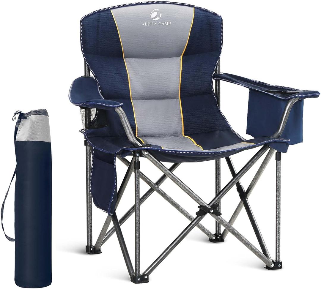 LET'S CAMP Folding Camping Chair Oversized Heavy Duty Padded Outdoor Chair with Cup Holder Storage and Cooler Bag, 450 LBS Weight Capacity, Thicken 600D Oxford (Navy Blue)