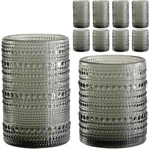 Vintage Hobnail Drinking Glasses Set of 8,Grey 12 oz & 15oz Highball Glass Cups, Kitchen Drinkware Glassware,Embossed Water Tumbler,for Beer,Cocktail,Whiskey,Juice and Various Mixed Drinks (Gray)