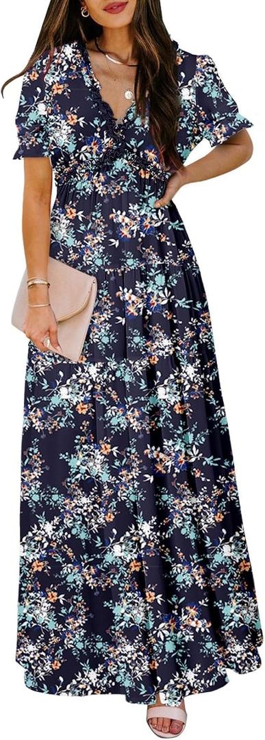 BLENCOT Womens Casual Boho Floral Printed V Neck Short Sleeve Long Evening Dress Ruched Cocktail Party Maxi Wedding Dress (M)
