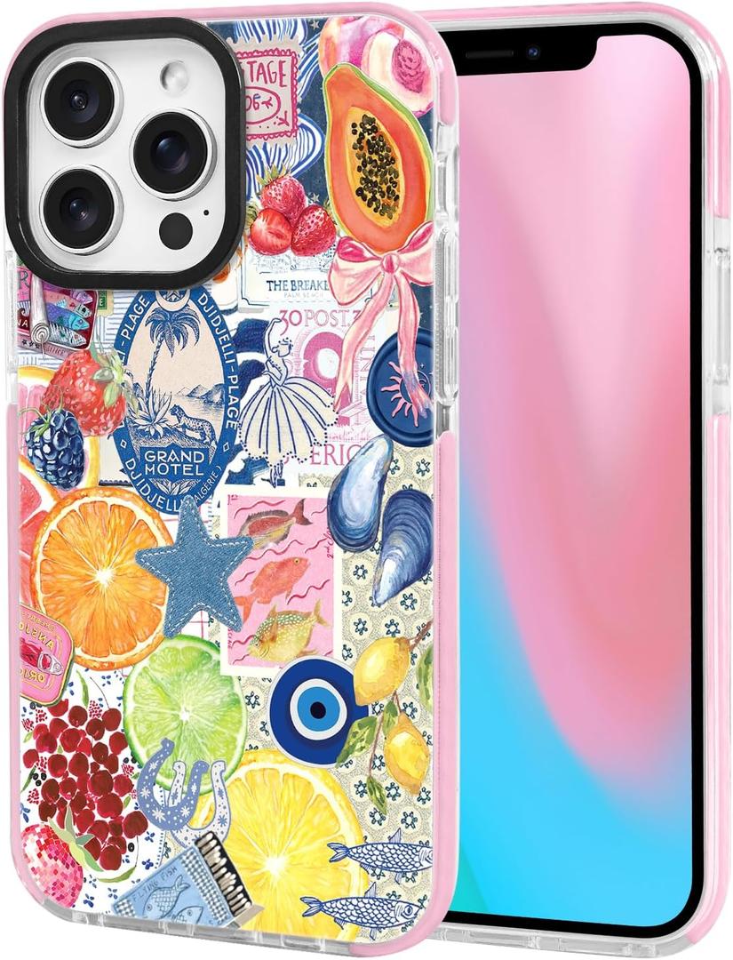 ChiCsFleur for iPhone 12 Pro Max Case, TPU Phone case with Camera Protection for Women Girls Teens - Collage Postage Stamp Fruit Y2K Evil Eye Papaya Bow Pink Blue Sorority Aesthetic Unique