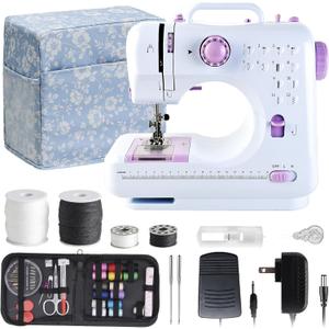 Mini Sewing Machine for Beginners and Kids Ages 8-12, Portable Sewing Machines with 12 Built-in Stitch Patterns, Light, 2 Speed Foot Pedal - Purple & White (with 27 Pieces Sewing Kit & Case)
