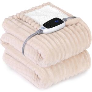 SEALY Electric Blanket Heated Throw, Soft Cozy Ribbed Flannel to Sherpa Reversible Safe Heating with 6 Heat Settings & 2-10 Hours Auto-Off Over-Heat Protection, Machine Washable, 50"x60" Beige