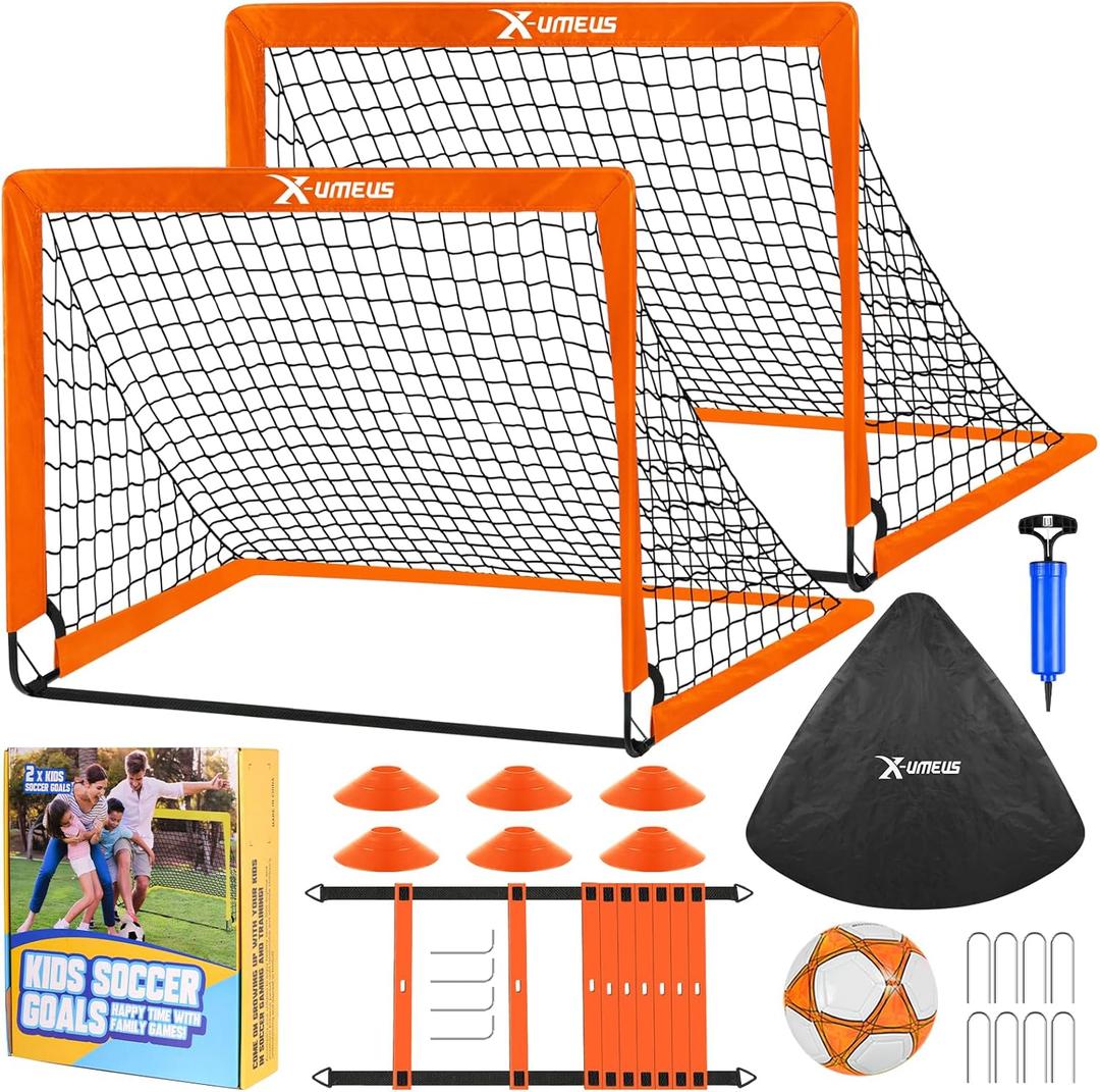 Kids Soccer Goals for Backyard Set- 2 of 6X4/ 4X3 ft Toddler Soccer Goal Training Equipment with Soccer Ball, Ladder, Pop Up Soccer Net for Kids Age 3-5 4-6 6-8 8-12 10-12 Outdoor Games Sports Gift (Orange two soccer goals)