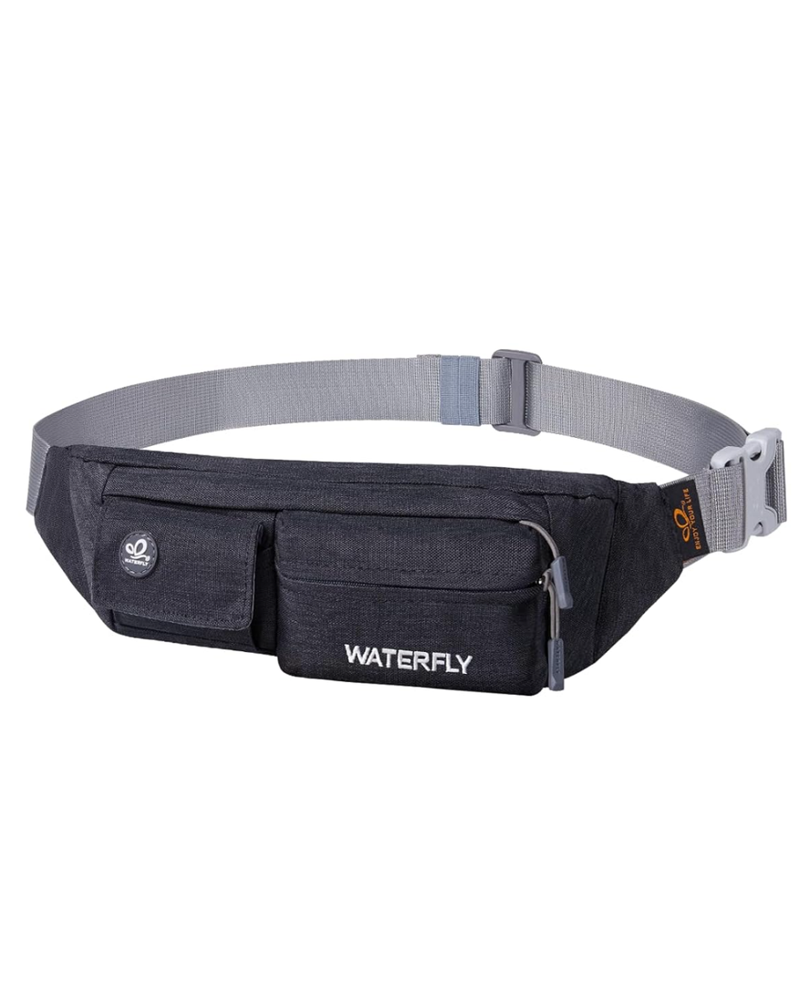 WATERFLY Fanny Pack for Women Men Water Resistant Small Waist Pouch Slim Belt Bag with 4 Pockets Lightweight Crossbody Chest Bag Fit All Phones, 11.02 x 2.1 x 4.3 inch