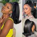 LEOSA Tail Warping Synthetic 16 inch Kinky Straight Hairpiece With Two Plastic Comb Drawstring Ponytail Hair Extension Natural Black (2#)