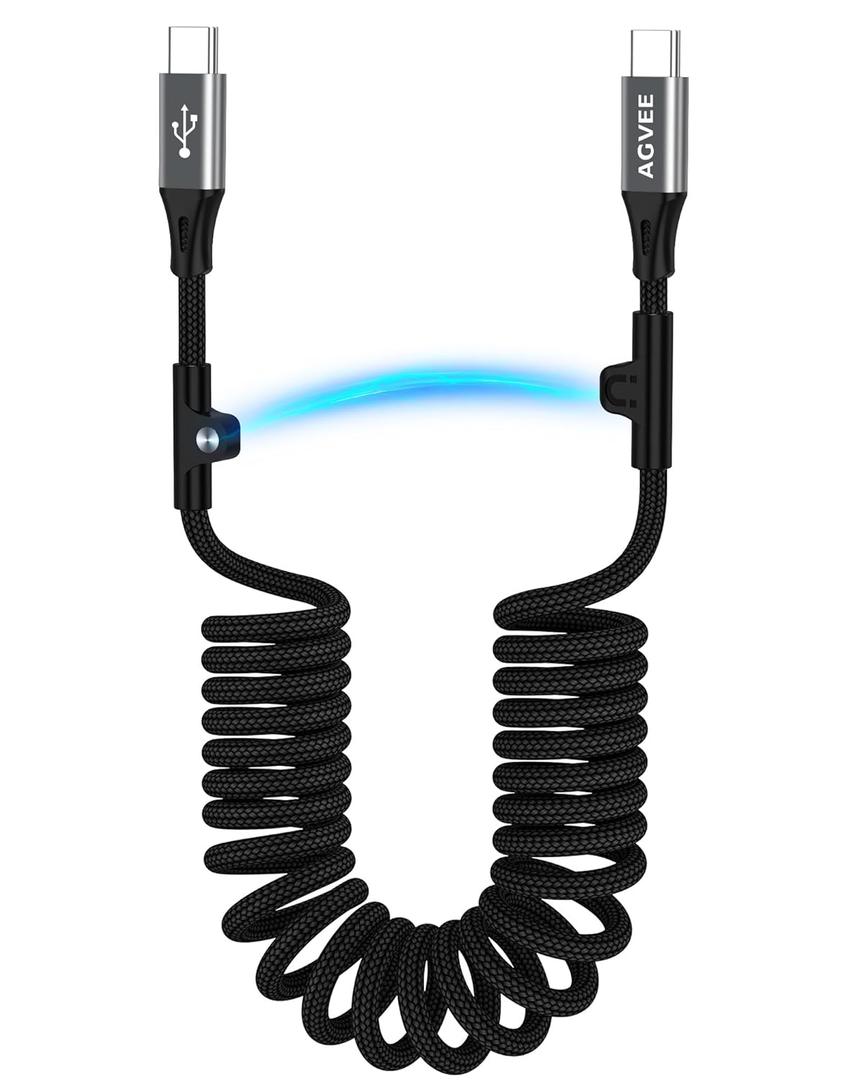 AGVEE 3ft Coiled Short USB-C to USB-C Charging Cable [USB-IF Certified] 60W PD Fast Charger Cord in Car for iPhone 17/16/15 CarPlay, Galaxy S25 S24 S23 S22 S21 S10, Google Pixel, Dark Gray
