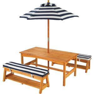 KidKraft Outdoor Wooden Table & Bench Set with Cushions and Umbrella, Kids Backyard Furniture, Navy and White Stripe Fabric (Natural)