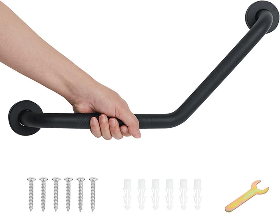 Bathroom Grab Bar, 20 Inch Angled Grab Bar with Anti-Slip Knurled Grip, Matte Black Stainless Steel Bath Balance Bar, Wall Mount Safety Hand Rail Support, Handicap Elderly Senior Assist Bath Handle