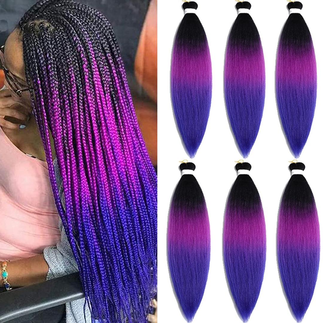 Pre stretched Braiding Hair 30 Inch 6 Packs Professional Braids Hair Extensions High Temperature Synthetic Fiber Braid Hair Crochet Twist Soft Yaki Texture(30inch,Black-Purple Red-Sapphire Blue)