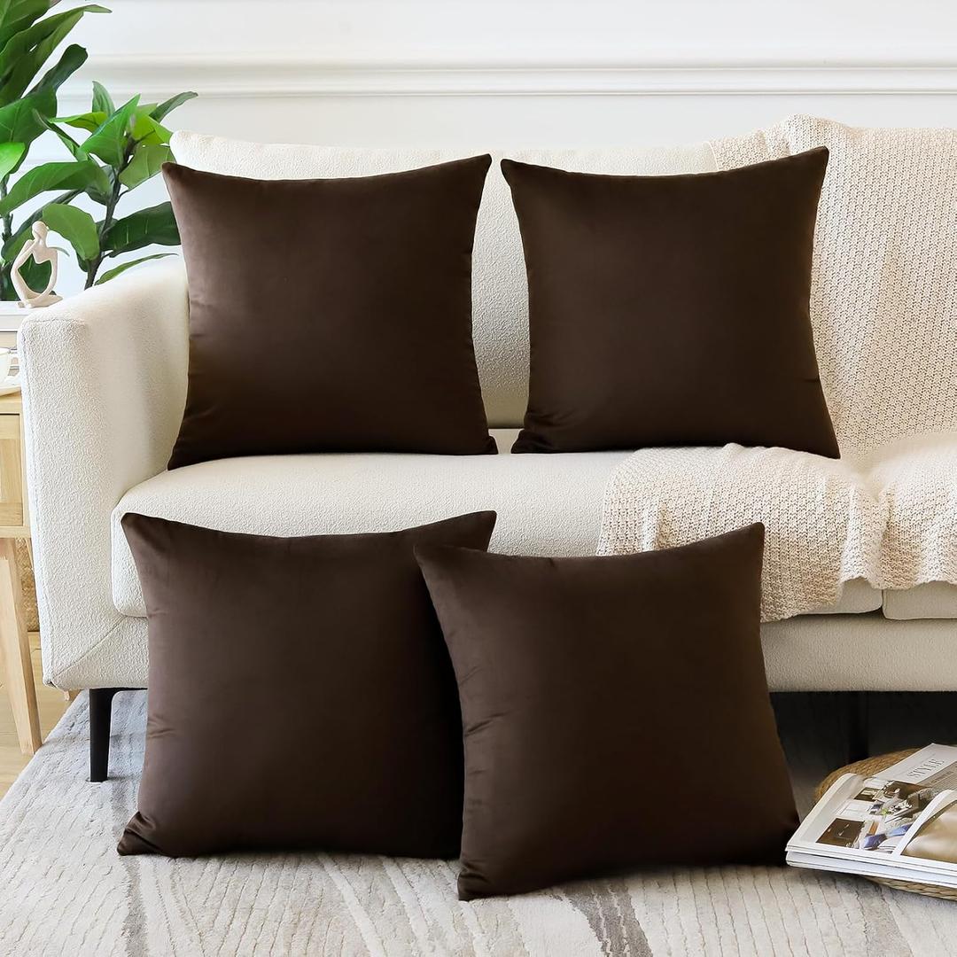 OTOSTAR Set of 4 Decorative Throw Pillow Covers Soft Velvet Solid Square Pillow Cases Luxury Cushion Covers Case for Sofa Car Patio Bedroom Living Room 18x18 Inch, Chocolate Brown