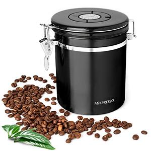 Mixpresso 16 Oz Black Coffee Canister, Stainless Steel Airtight Coffee Container, Air tight Jar Tea Storage with Date Tracker, Vacuum Sealed Espresso Airtight Canister, Sugar Container for Home