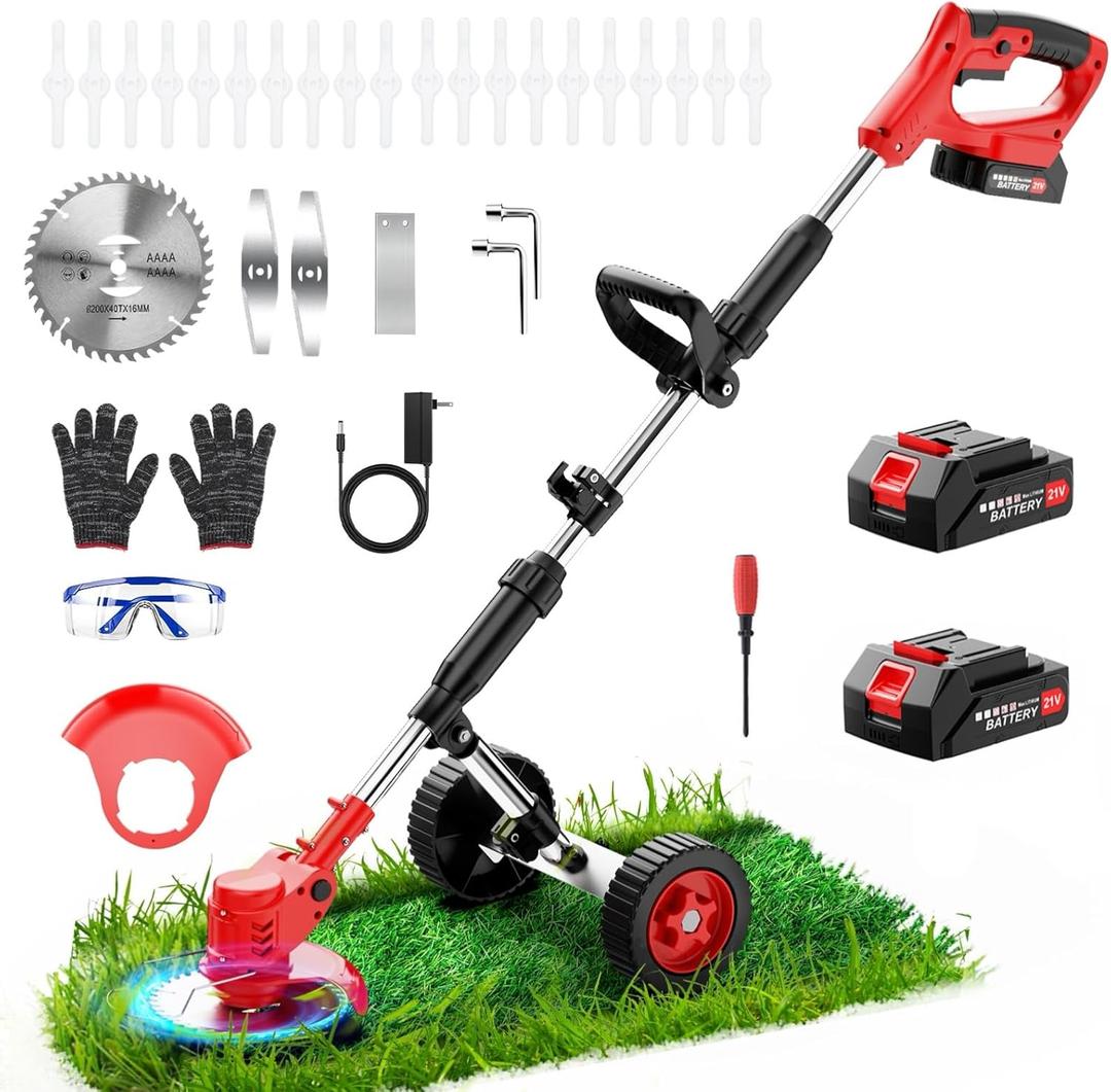 Electric Weed Wacker Cordless with Wheels,21V 22000mAh Weed Eater Battery Powered, 6-inch Cordless String Trimmer with 3 Types of Blades, Electric Grass Trimmer,Lawn Edger, Mower for Yard,Garden