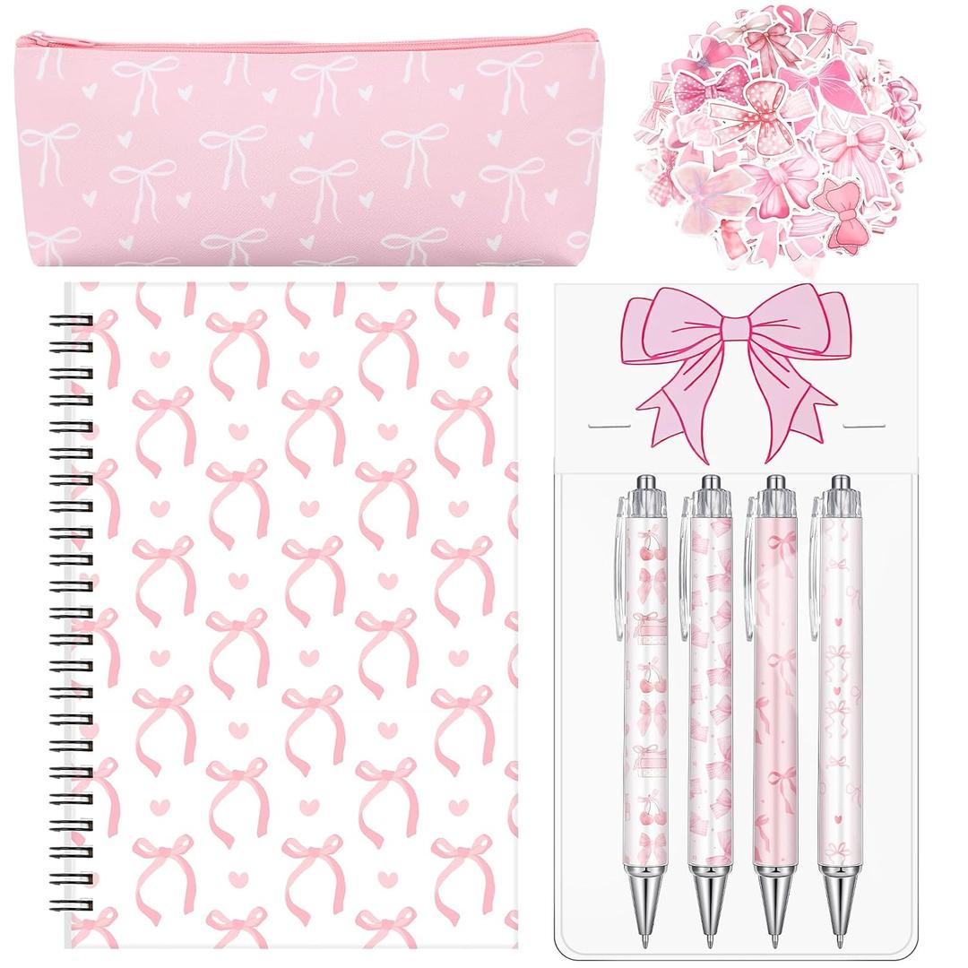 Sayglossy Pink Bow Stationery Gift Coquette School Supplies Set Include Pens Aesthetic Journal Notebook Pencil Case and Stickers Pink Bow Preppy Back to School Supplies for Girl Students