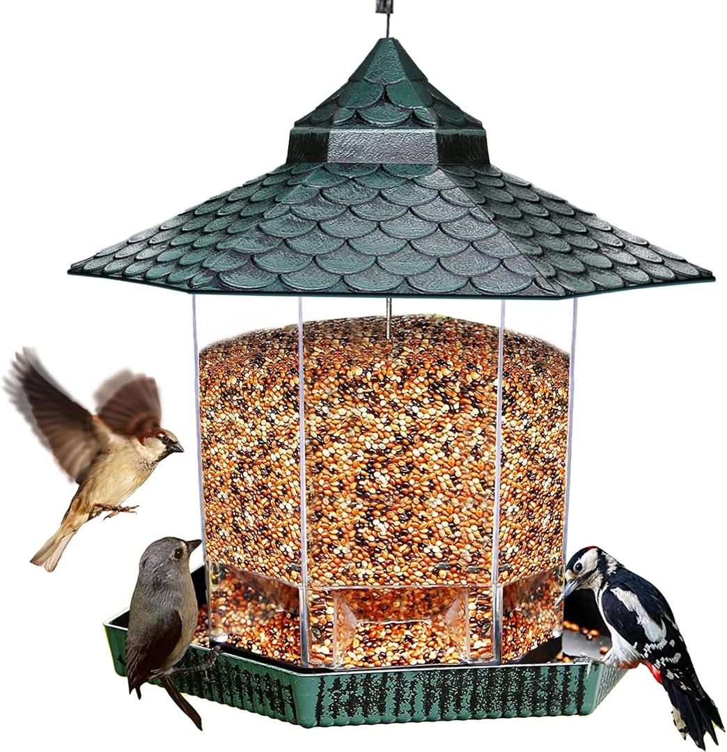 Twinkle Star Wild Bird Feeder Hanging for Garden Yard Outside Decoration, Hexagon Shaped Outside Hanging Bird Feeders for Outdoors Squirrel Proof, Cardinal Bird Feeder (Green) (7.9 x 7.9 x 8.6 inches)
