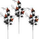 3 Pack Halloween Branches Picks Stems Glitter Fake Twig with Pumpkin Berries Black for Vases Haunted House Gothic Floral Decor Artificial Berry Stems for Vase (A)