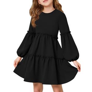Girls Lantern Long Sleeve Dress Kids Flowy Tiered Ruffle Crewneck A-Line Fall Dresses (160, Black)