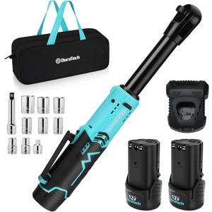 DURATECH Extended Cordless Ratchet Wrench, 3/8" 12V 44 Ft-Lbs Long Neck Electric Ratchet Wrench with 2-Pack 2.0Ah Li-Ion Battery, 1 Hour Fast Charger, 10 Sockets Accessories & Variable Speed Trigger