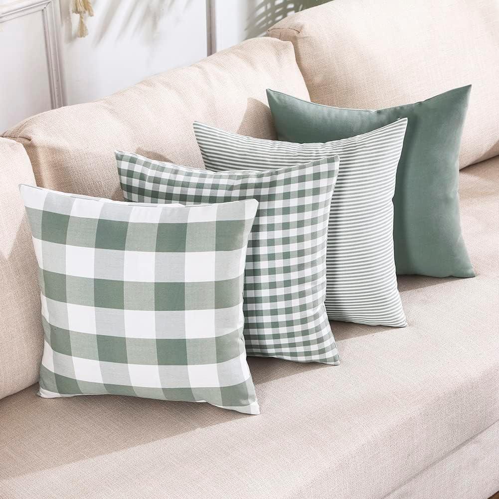 CARRIE HOME Farmhouse Sage Green Plaid Pillow Covers 18x18 Set of 4 Spring Neutral Throw Pillows Light Green Checkered Decorative Pillow Cover for Indoor Couch Bed or Outdoor Porch Patio, Grey Green