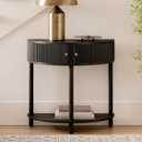Fluted Half Moon Shaped Console Table, Small Entry Desk with Storage for Narrow Spaces, Modern Boho Decor, Living Room Furniture, Solid Wood Entryway Table with Two Doors & Brass Knobs (Black)