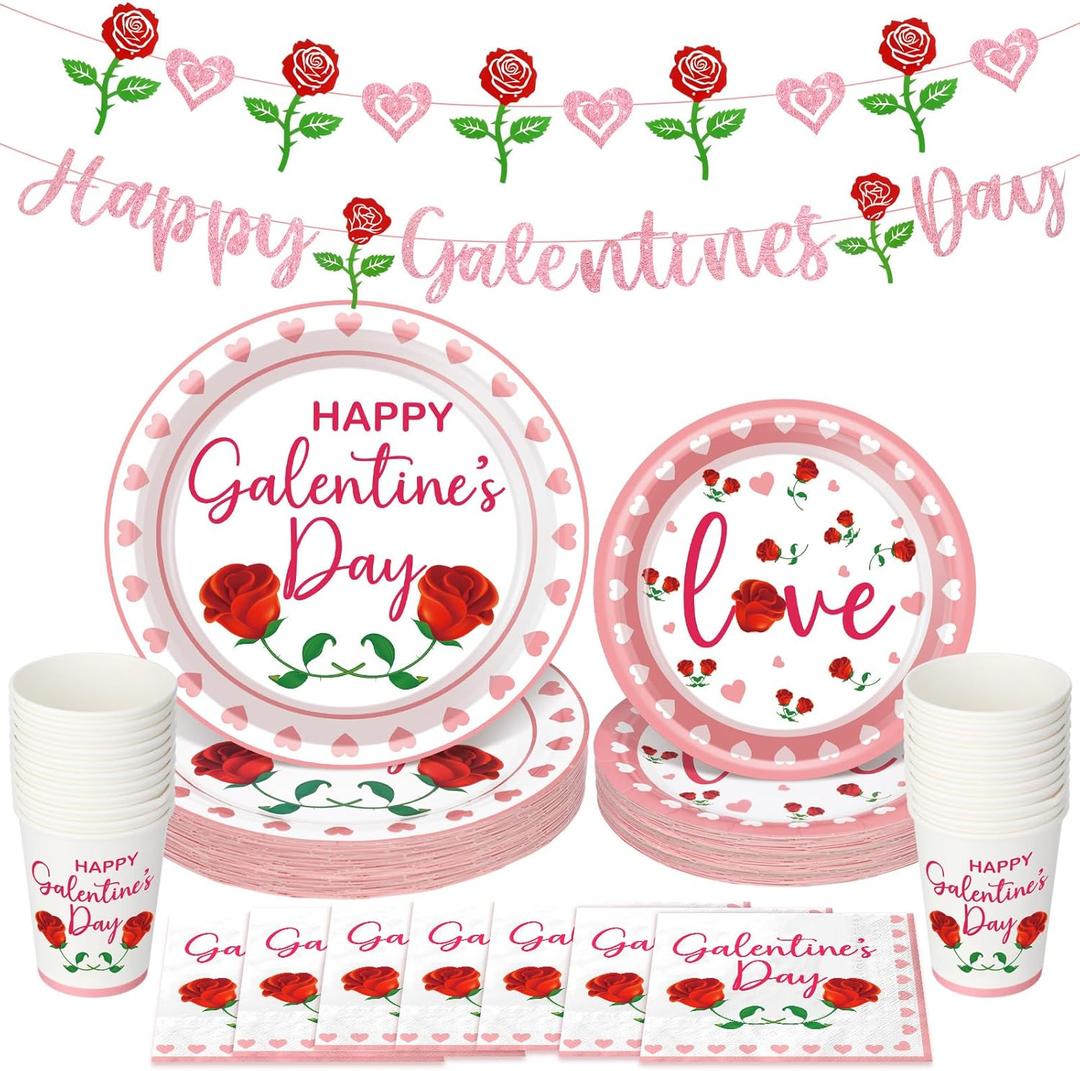 Pickmesh Galentines Day Decorations 97 Pcs Pink Rose Glitter Happy Galentine's Day Decorations Set Include Banner, Plates, Napkins, Cups Heart Banner for Ladies Gang Valentines Party Serve 24