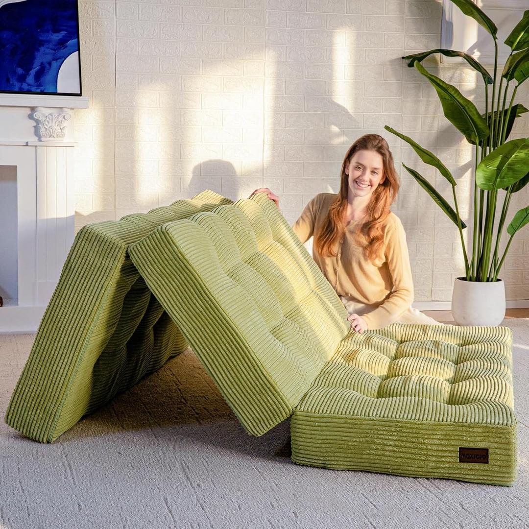 MAXYOYO Tri-Fold Mattress, 6 Inch Tufted Folding Futon Foam Bed, Foldable Floor Mattress Guest Bed Futon Topper Portable Camping Sleeping with Corded Fabric, Green, 35.4"x75" (Twin)