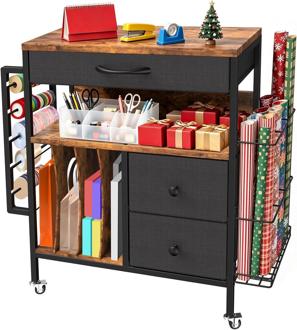 Wrapping Paper Storage Cart, Rolling Gift Wrap Station with 3 Drawers & Side Holders, Wrapping Paper Organizer Holder with Wheels for Gift Bags, Ribbons, Wrapping Supplies