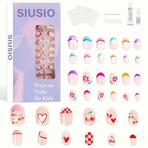 SIUSIO 3Pack Children Acrylic Fake Nails, 72pcs Press on Full Cover Cherry French Tips Short Almond False Nail Art Kits Set with Sticker Tabs Nail Glue Gel for Kids Little Girls Women - Floral Cherry