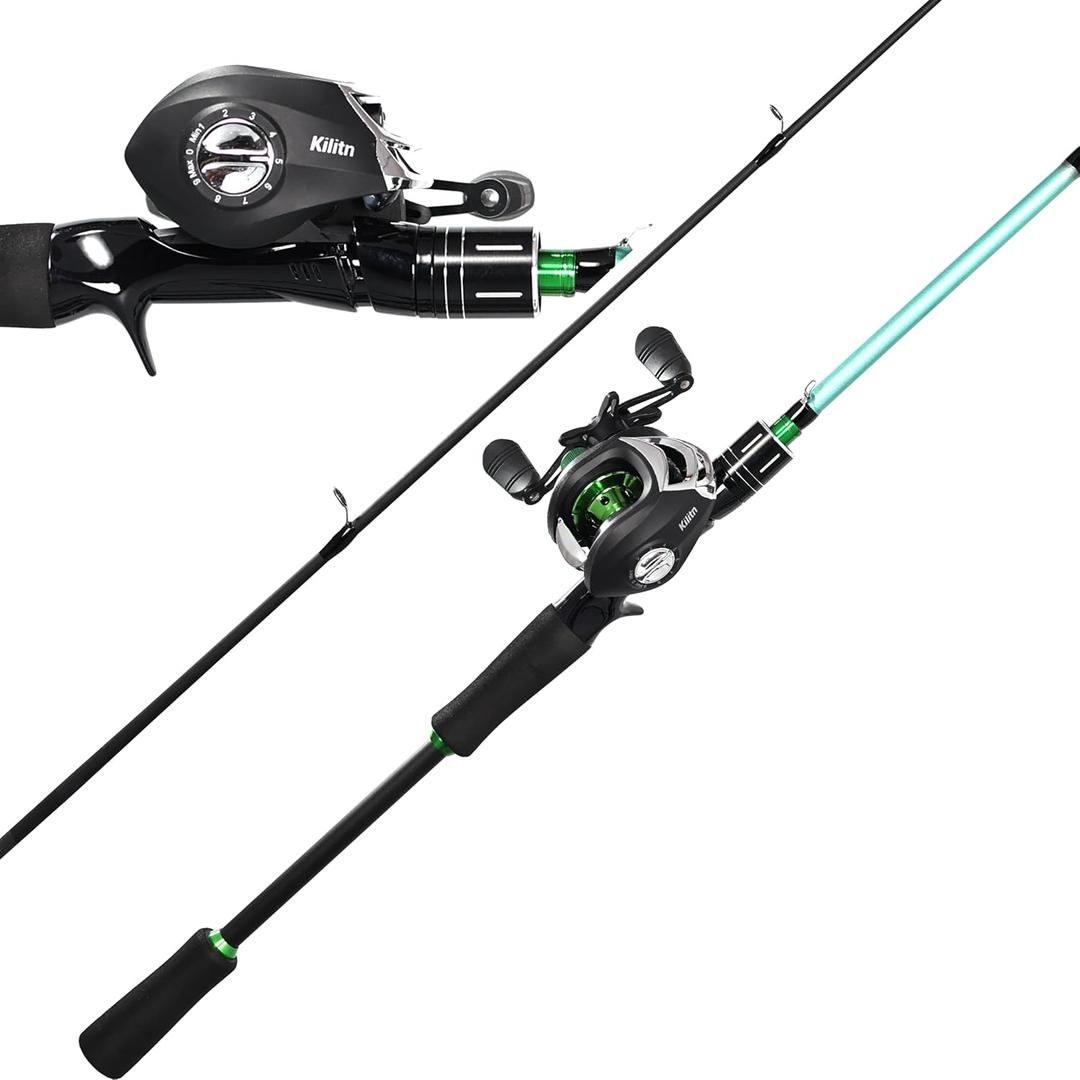 Kilitn Fishing Rod and Reel Combo, Green Color Baitcasting Combo Baitcast Reel, 2-Piece Baitcaster Rod, Durable Fiberglass with Comfortable EVA Handle