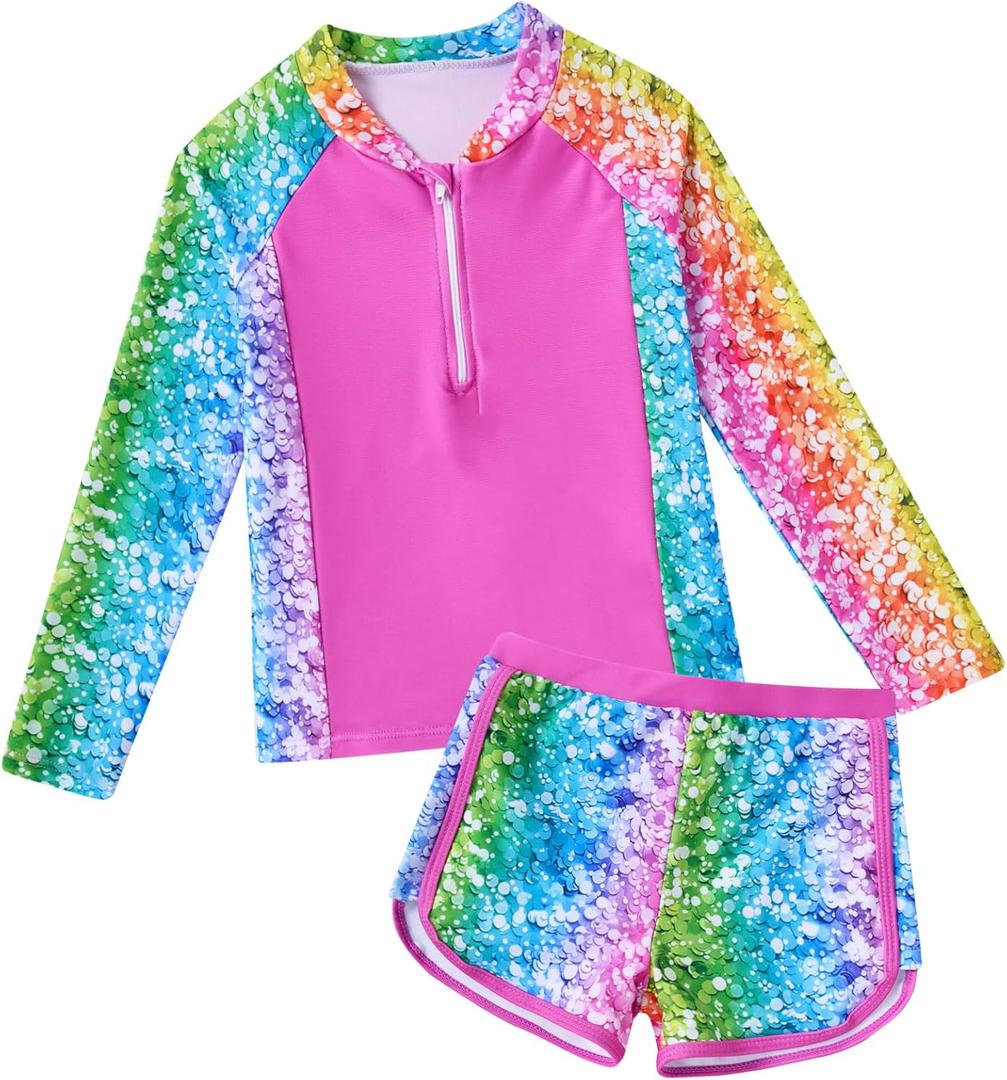 Vogseek Girls Swimsuits 5-9 Years 2 Piece Zip Rashguard Sets Long Sleeve Bathing Suit (Rose)