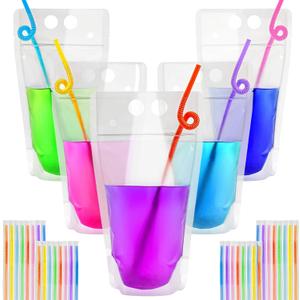 MAQIHAN 100 Drink Pouches with Straws Individually-Wrapped - 17oz Juice Drink Pouches Adult Clear Plastic Halloween Blood Bag Reusable Liquid Smoothie Party Hot Weather Cooling