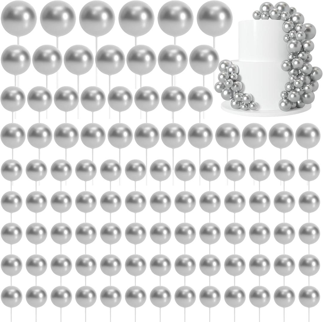 Morcheiong 114 Pcs Cake Balls Decorations Balloon Cake Topper Cake Insert Topper Foam Cake Topper Balls Cake Picks for Cake Decorations Birthday Party Wedding Anniversary (Silver)
