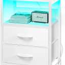 Yoobure Nightstand with Charging Station, LED Night Stand with Fabric Drawers and Storage Shelf for Bedroom, Nightstands Bedside Tables with USB Ports & Outlets, Small Night Stands, Bed Side Table (White)