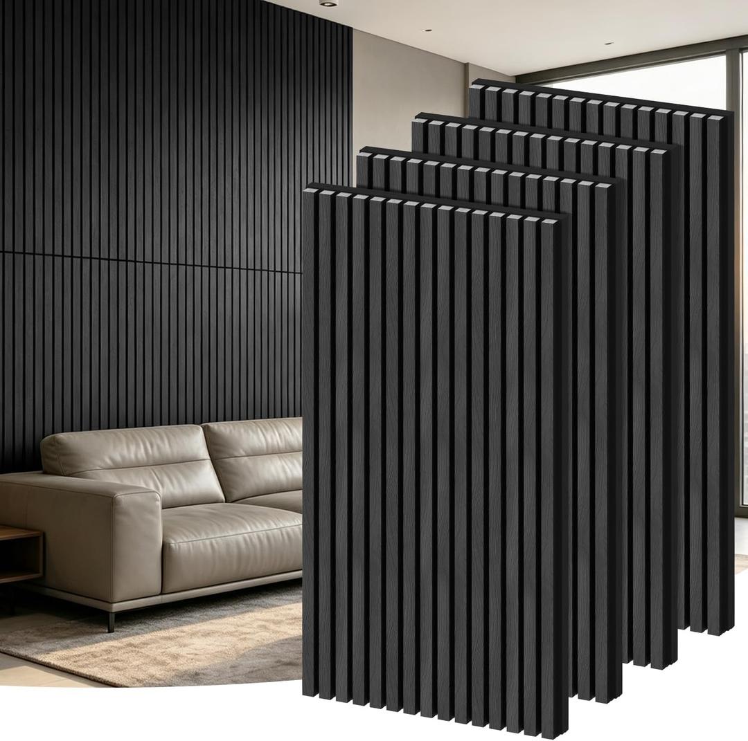 RITOLLO 4 Pack Wood Panels for Wall, 47.2"×23.6" Wood Slat Acoustic Panels for Wall, Soundproof Panels, 3D Fluted Panels for Interior Decor (WoodBlack)