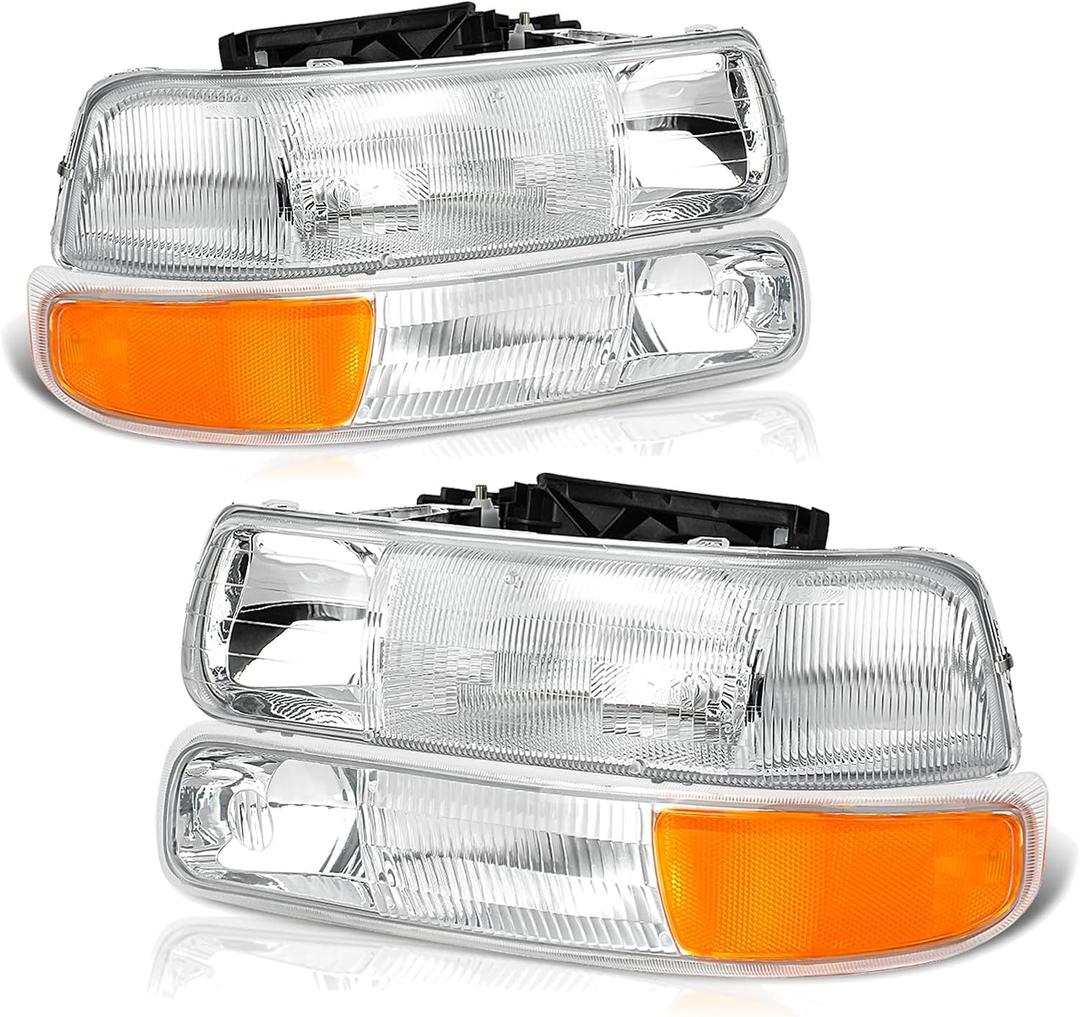 Headlights Assembly Compatible with 1999-2002 Chevy Silverado 1500 2500, 2000-2006 Chevy Tahoe Suburban Headlamp Assembly, Chrome Housing, OE Replacement Halogen head light assembly set