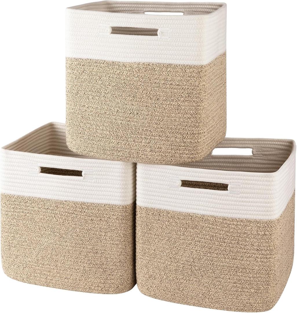 OIAHOMY 13 Inch Cube Storage Bins, 3-Pack Cotton Rope Woven Baskets for Organizing, Insert Storage Baskets for Shelves, Baby Nursery, Closet Organizer, 13 * 13 * 12.6IN, Brown & White