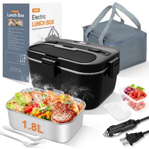 DUPASU Electric Lunch Box Food Warmer: 100W Heated Lunch Box for Adults, 1.8L Portable Fast Heating Lunchbox Food Heater for Car, Truck, Work, Travel, Lonchera Elctrica Porttil 12/24V/110-230V (Black)