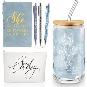 6 Pcs Boss Gifts for Women Best Boss Gifts Appreciation, 17 oz Aesthetic Boho Flower Glass Cup Lady Makeup Bag A6 Notepad Ballpoint Pens for Female Leader Manager Favor (Blue)