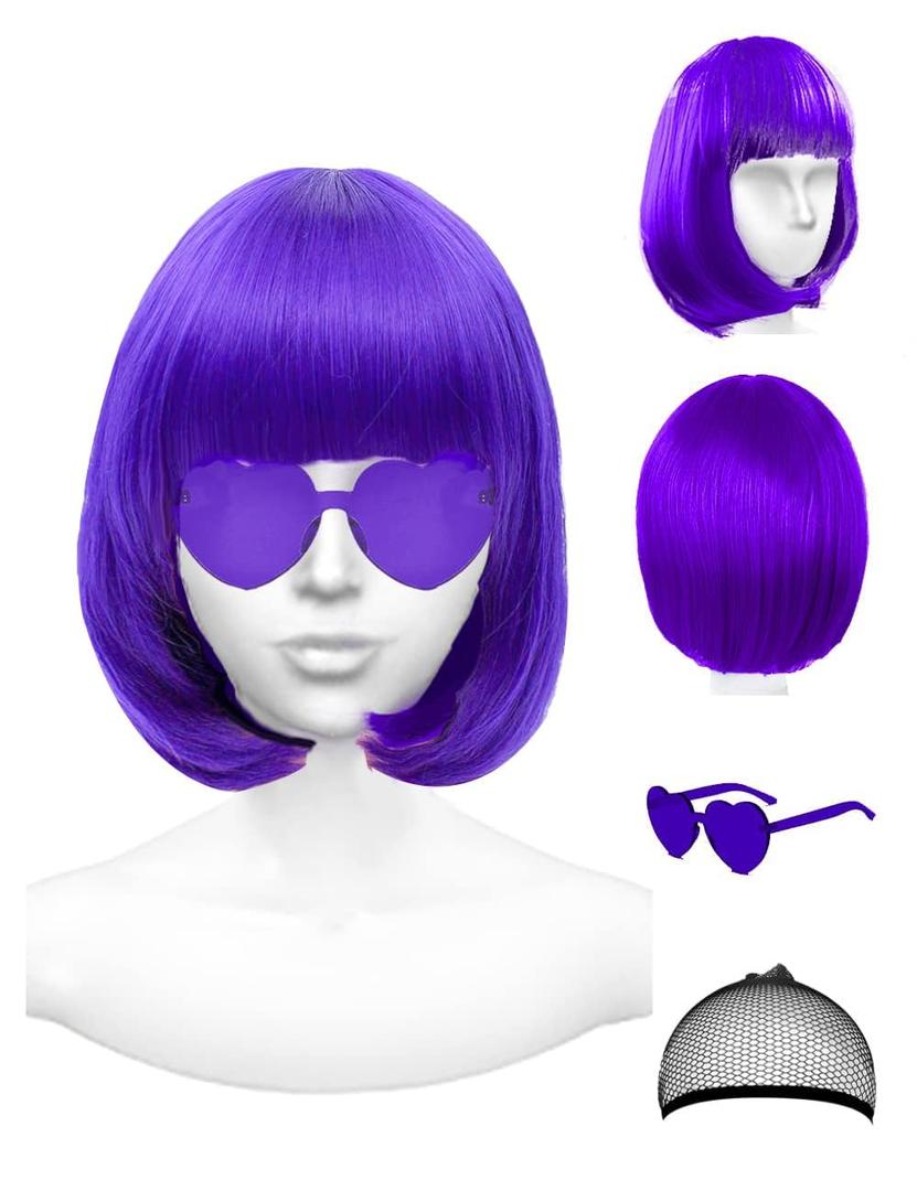 Purple Wig and Party Sunglasses, 12 Inch Dark Purple Bob Wigs for Women, Neon Glasses Short Wigs for Women - Bachelorette Party Wigs Decorations Favors (Purple)