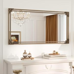 Keonjinn Gold Vintage Mirror 48 x 24 Inch, Antique Mirrors Rectangle, Traditional Mantel Decoration, Baroque Style Wall Decor for Hallway, Fireplace, Entryway, Living Room, Anti-Rust, Waterproof