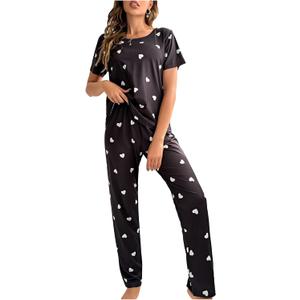 Women's 2 Piece Pajama Set Heart Print Short Sleeve Round Neck Tee Top and Pants Pj Set Cute Sleepwear Black Medium-CEHGJ20240829