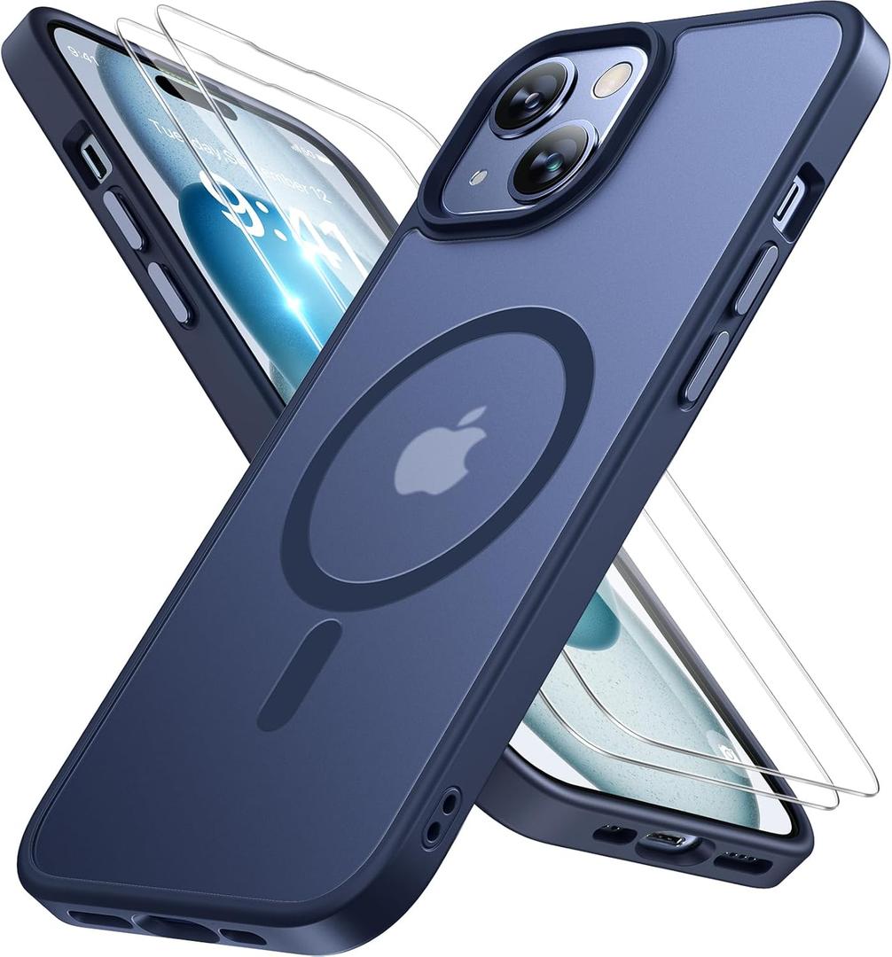 Miracase Magnetic for iPhone 15 Case (Compatible with MagSafe)with 2X Screen Protectors Military-Grade Protection, Anti-Fingerprint Translucent Matte Phone Cover for iPhone 15 6.1 inch, Dark Blue