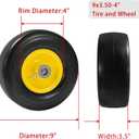 PARTS CAMP 9X3.50-4" FLAT-FREE TIRE AND WHEEL, LAWNMOWER TIRE FOR FRONT ZERO-TURN MOWERS, GARDEN TRACTORS, WHEELBARROWS, AND GARDEN CARTS, WITH 3/4" & 5/8" BUSHINGS, 3.5"-4" CENTERED HUB (SET OF 2).