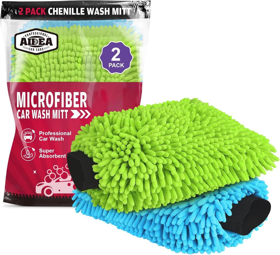 AIDEA Car Wash Mitt Microfiber, 2PK Scratch Free Lint-Free, Premium Chenille Microfiber Mitt Car Wash Brush, Green & Blue, Regular Size 7.12''X10.14''