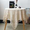 Vintage Crochet Tablecloths Lace Doilies Cotton Beige Square Tablecloths Table Cover Table Topper Wedding Home Party Decoration (65x65 Inch)