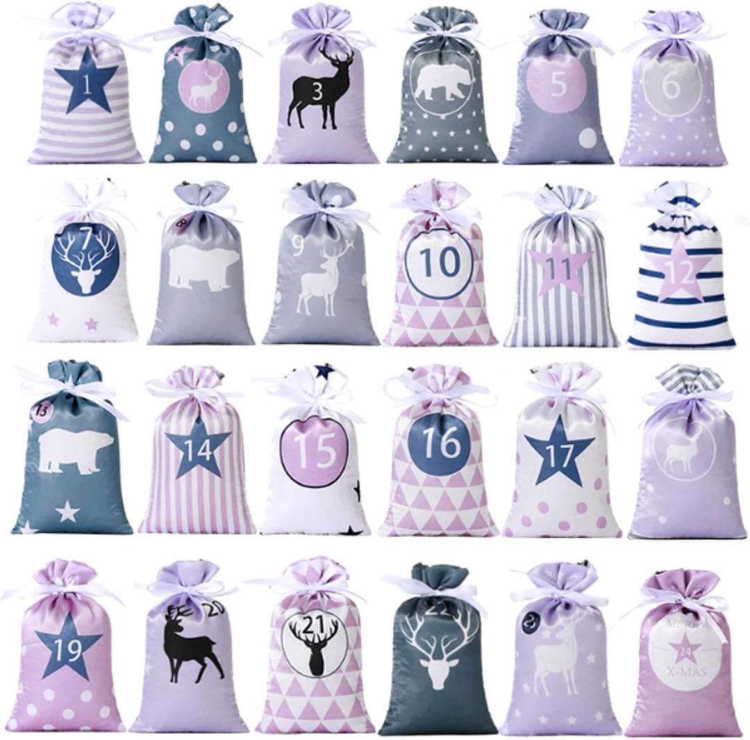 Christmas Advent Calendar Bags, 24 Days Countdown Burlap bags Hanging Advent Calendar Gift Favors for Xmas Decorations (Purple)