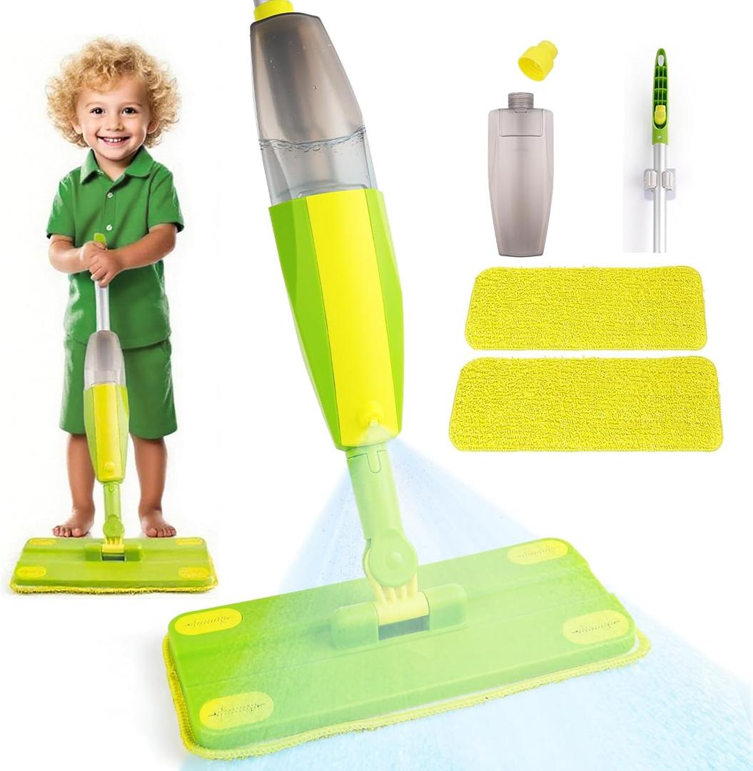 Kids Spray Mop, Fun & Functional Toddler Mop Cleaning Set, Real Working Mini Mop, Pretend Play Toy Includes Spray Bottle, Washable Microfiber Pads, Montessori Kids Cleaning Toy Set -Green