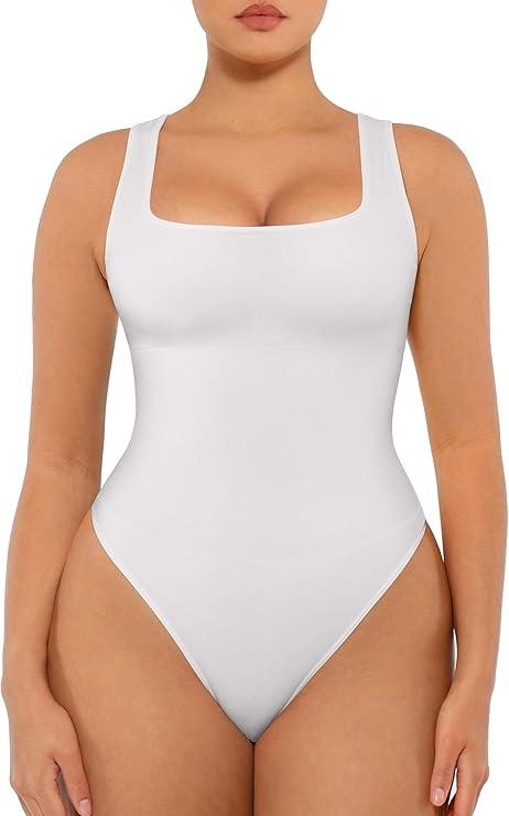FeelinGirl Bodysuits for Women Seamless Square Neck Tummy Control Compression Thong Shapewear Bodysuit Tank Tops Bodysuit M