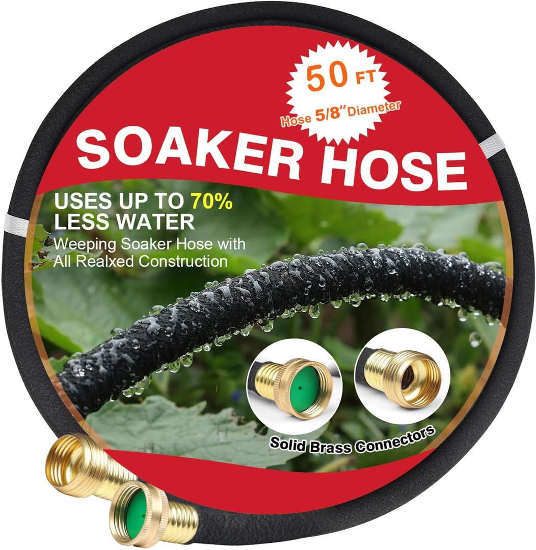 Soaker Hose 50 FT for Garden with 5/8" Diameter Irrigation Hose Save 70% of Water Solid Brass Interface Eminently Suitable for Lawn and Garden Bed Cover